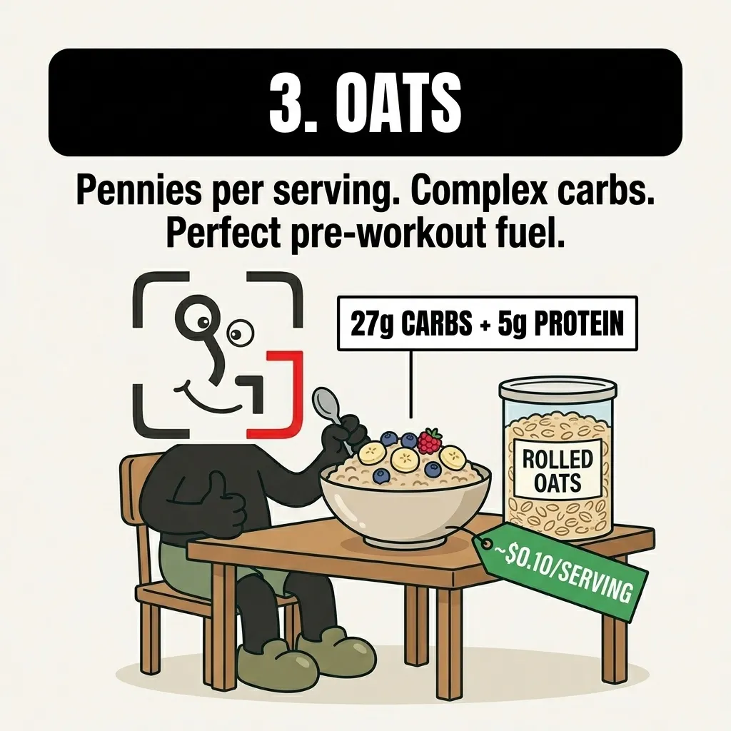 The GainFrame mascot sits at a wooden table eating a bowl of oatmeal next to a jar of rolled oats, illustrating that oats are an extremely inexpensive source of complex carbohydrates for pre-workout energy.