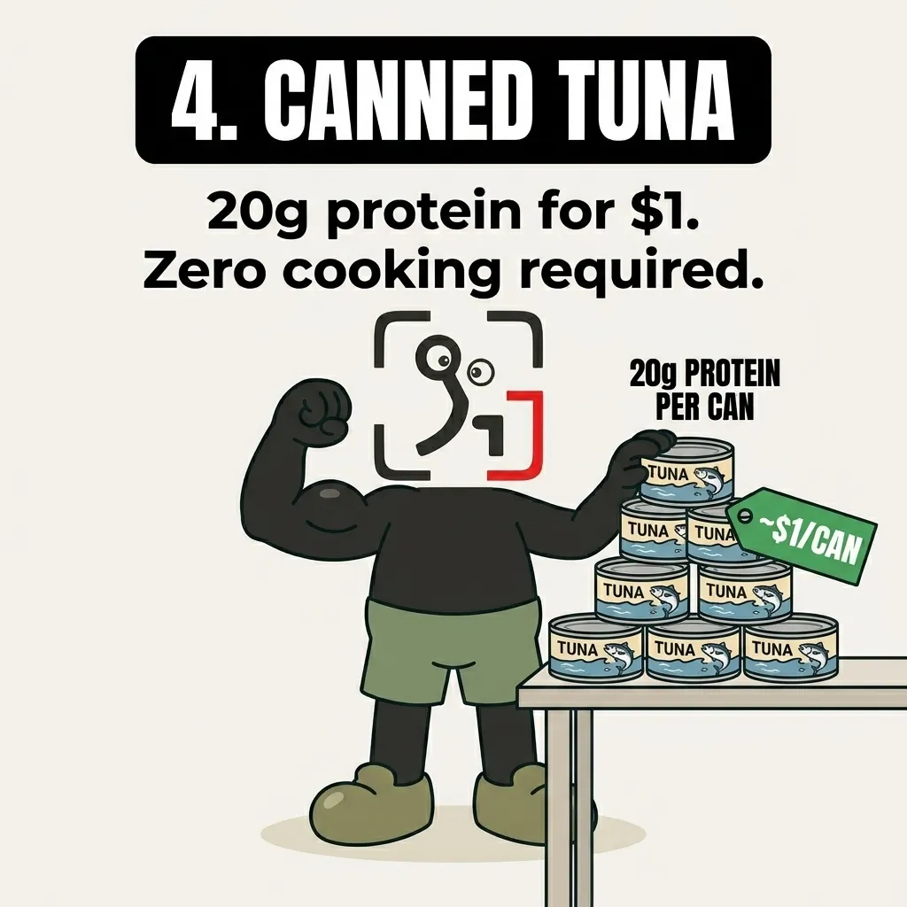 The GainFrame mascot flexes a muscular bicep while resting his hand on a stack of tuna cans, emphasizing that canned tuna is a convenient, cheap, and high-protein food requiring no cooking.