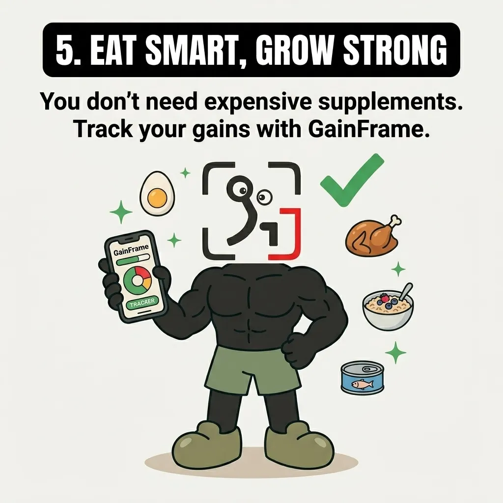 A muscular GainFrame mascot holds up a smartphone displaying the GainFrame tracking app, surrounded by icons of healthy foods like eggs, chicken, oats, and tuna, showing that smart eating and tracking can replace expensive supplements.