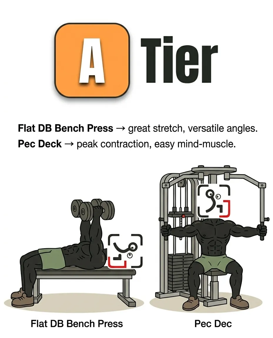 The GainFrame mascot performs A-tier exercises: the flat dumbbell bench press and the pec deck machine.