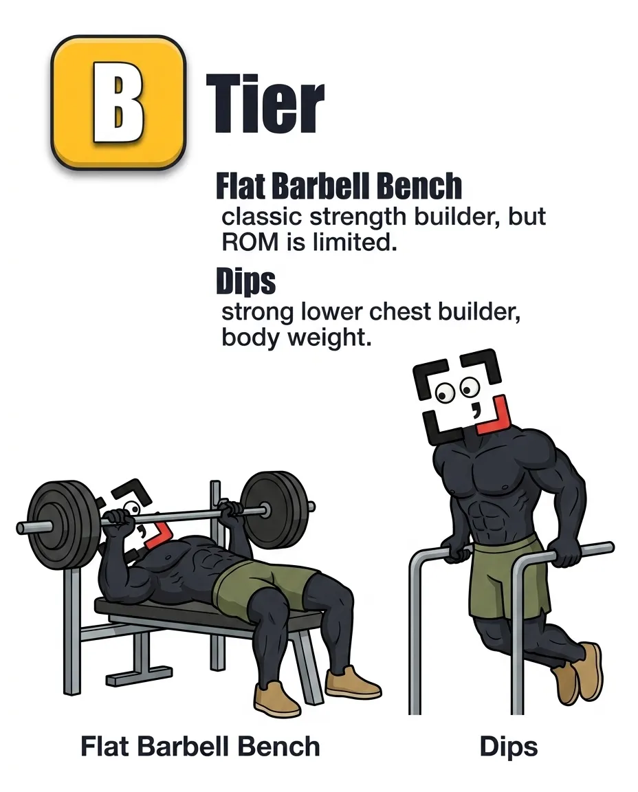 The GainFrame mascot performs B-tier exercises: the flat barbell bench press and parallel bar dips.