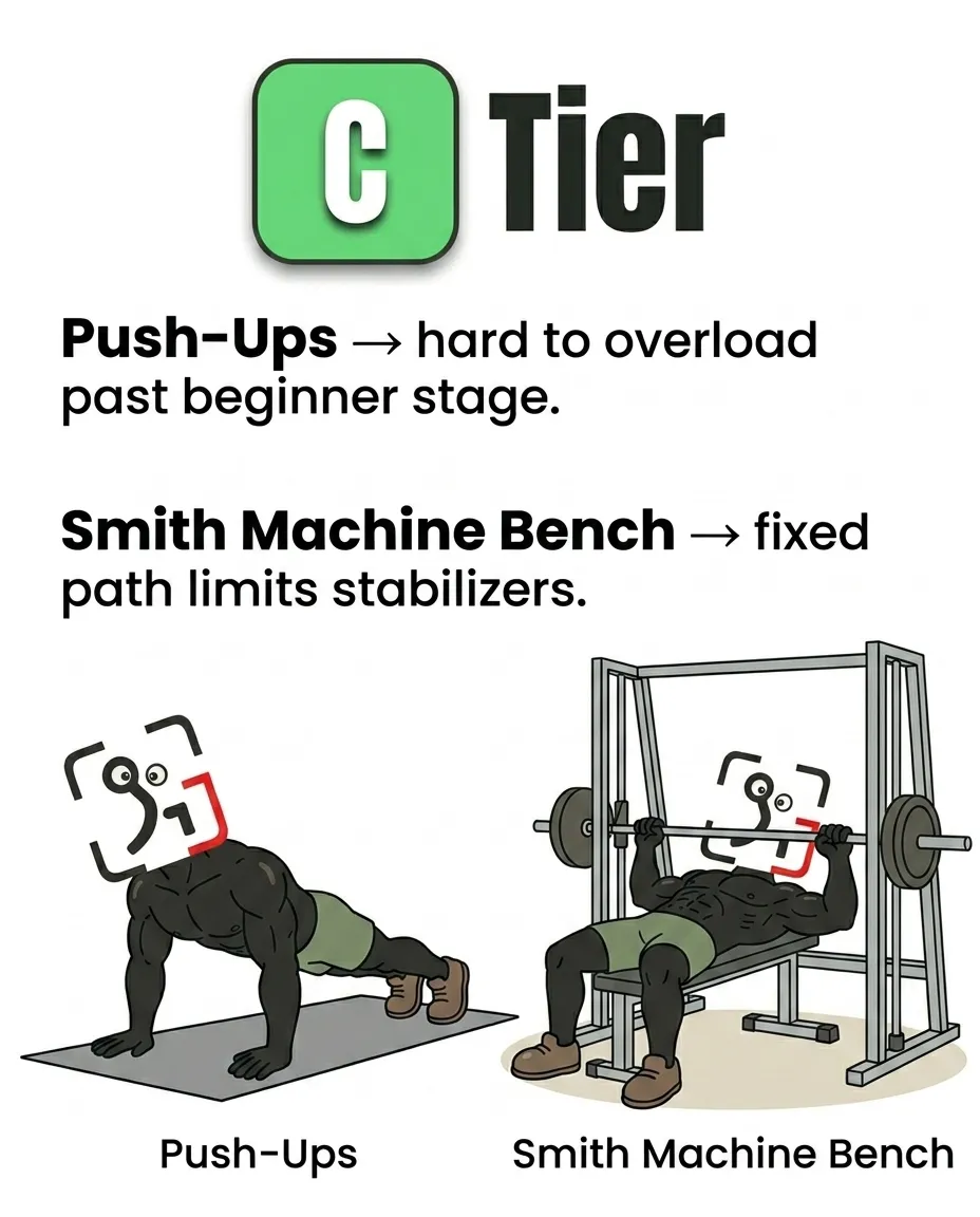 The GainFrame mascot performs C-tier exercises: standard floor push-ups and the Smith machine bench press.