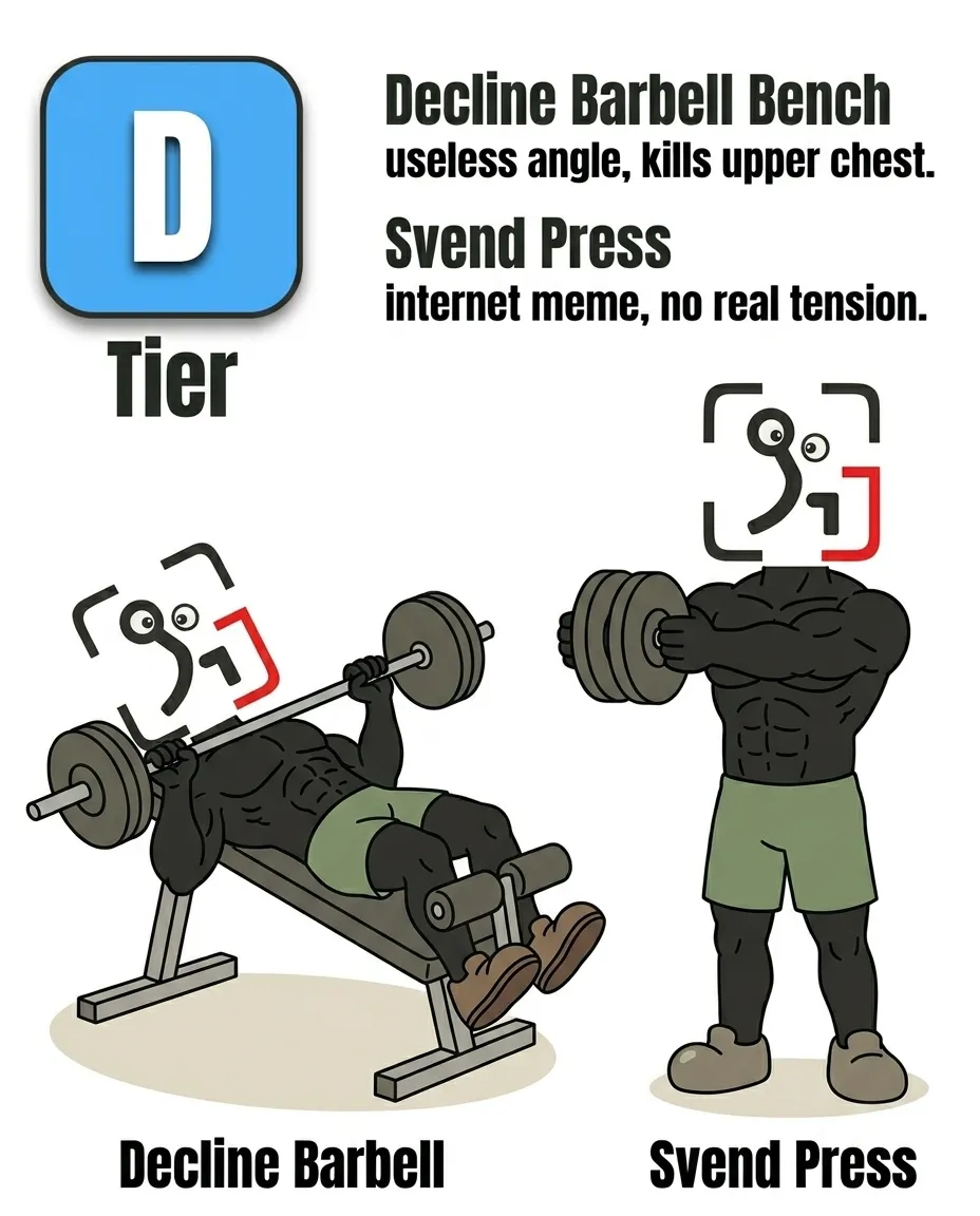 The GainFrame mascot performs D-tier exercises: the decline barbell bench press and the standing Svend press.