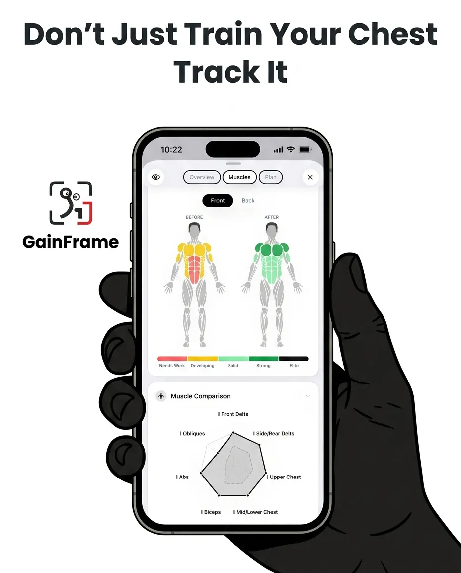 A hand holds a smartphone displaying the GainFrame app, which tracks muscle development and progress.