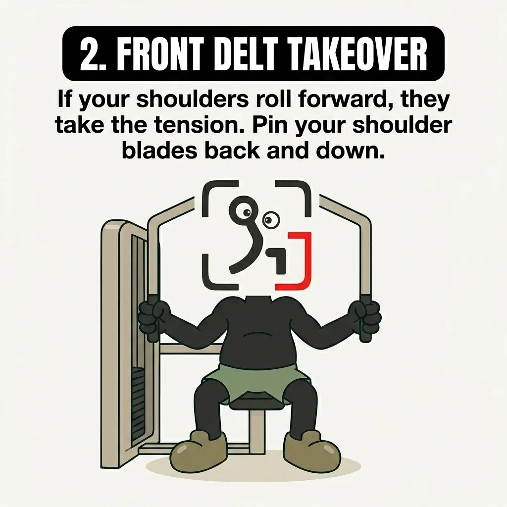 The GainFrame mascot uses a chest fly machine with poor posture, showing how rolling shoulders forward shifts tension away from the chest to the front delts.