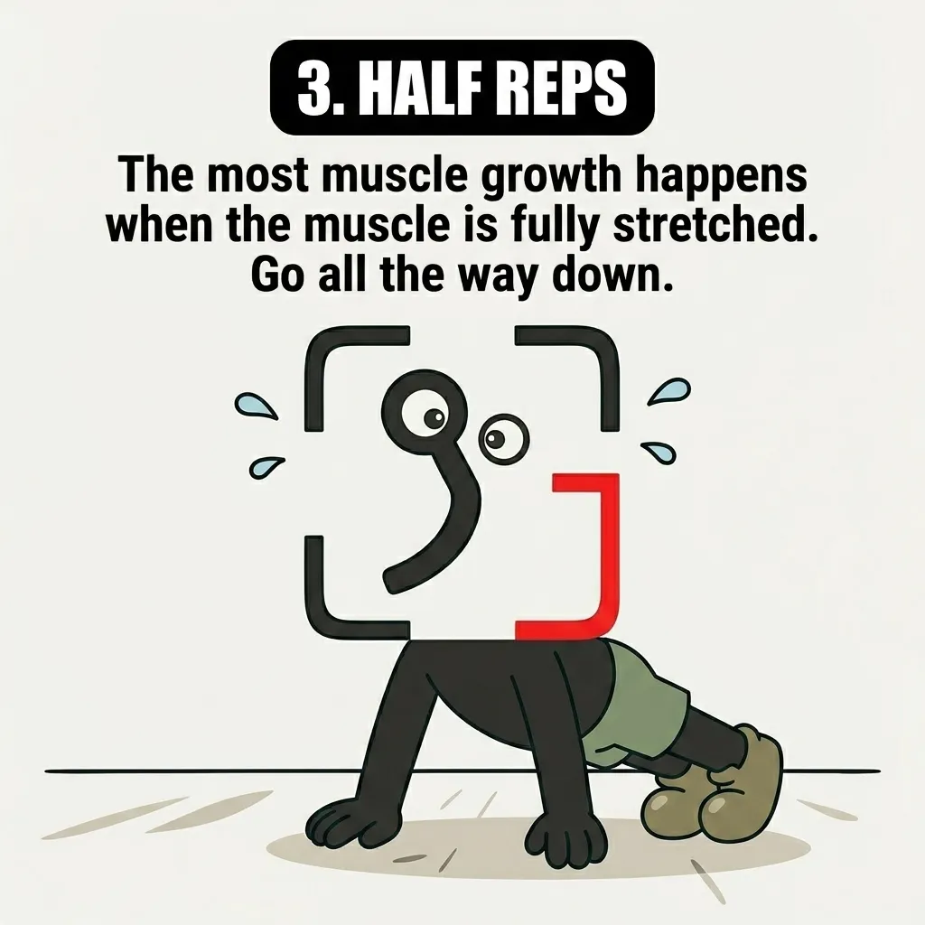 The GainFrame mascot struggles with a push-up without reaching full depth, highlighting how half reps limit muscle growth by avoiding a full stretch.