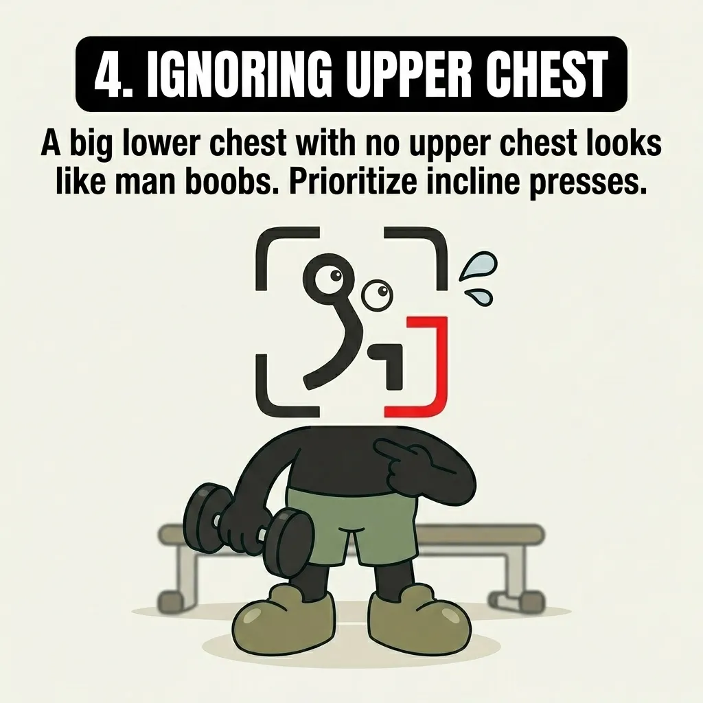 The GainFrame mascot holds a dumbbell and points to his chest, emphasizing the importance of prioritizing incline presses to avoid an unbalanced upper chest.