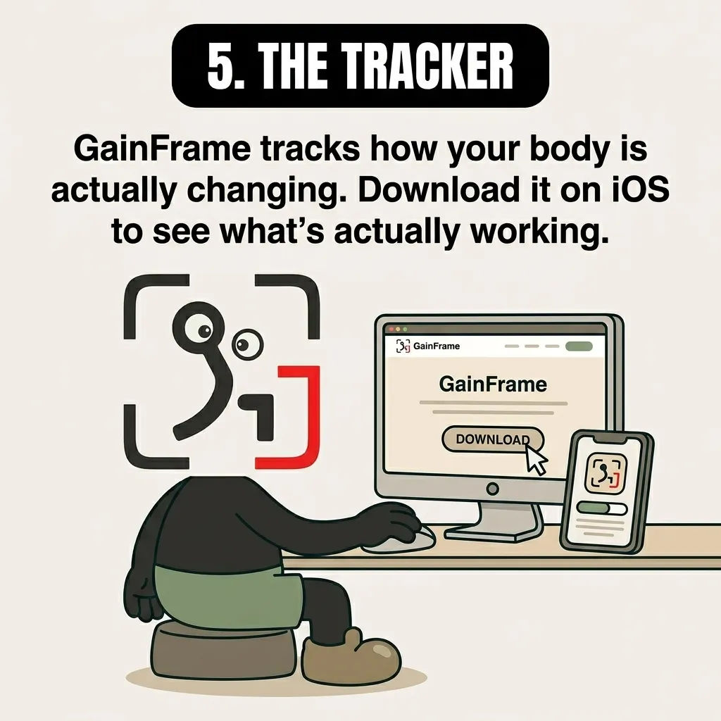 The GainFrame mascot sits at a computer downloading the GainFrame app to track body changes and see what training methods are working.