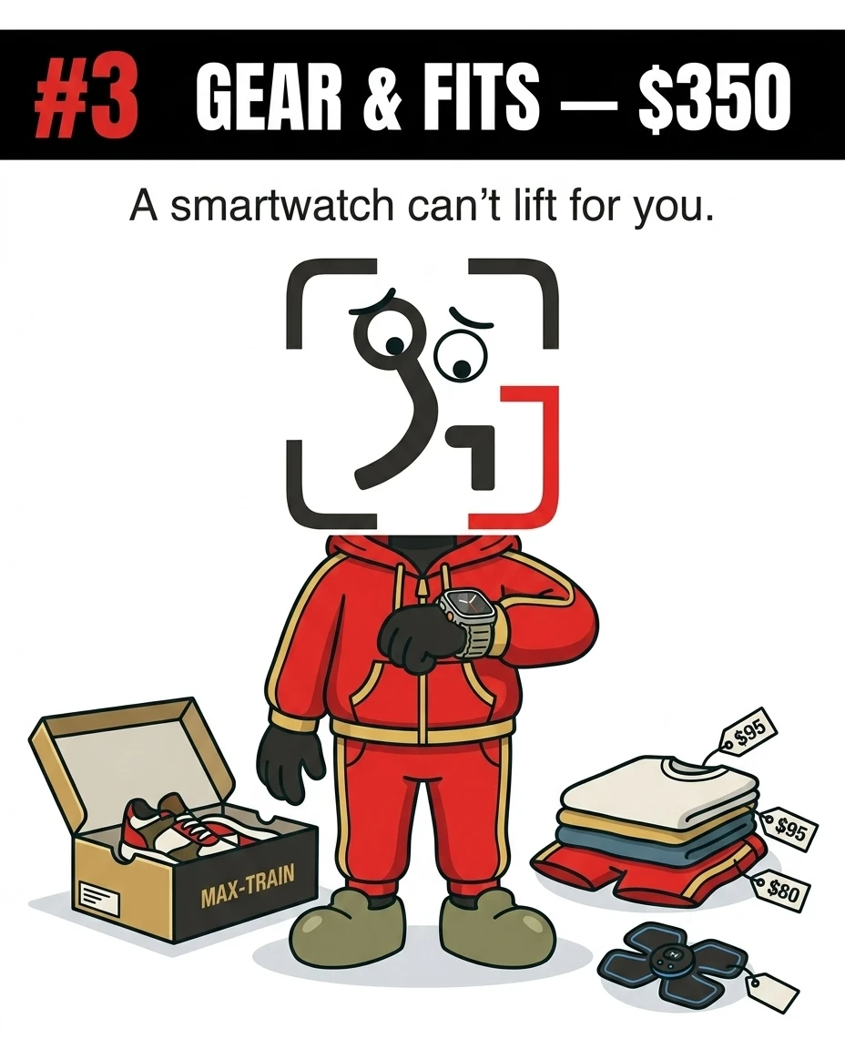The GainFrame mascot wearing a red tracksuit looks down at a smartwatch on their wrist next to expensive new shoes and clothes, illustrating that pricey gear cannot do the actual workout for you.