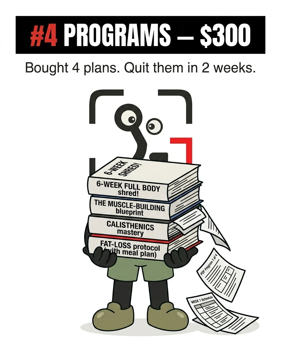 The GainFrame mascot struggles to hold a heavy stack of fitness program books and printed schedules, showing how buying multiple complex plans often leads to quitting quickly.