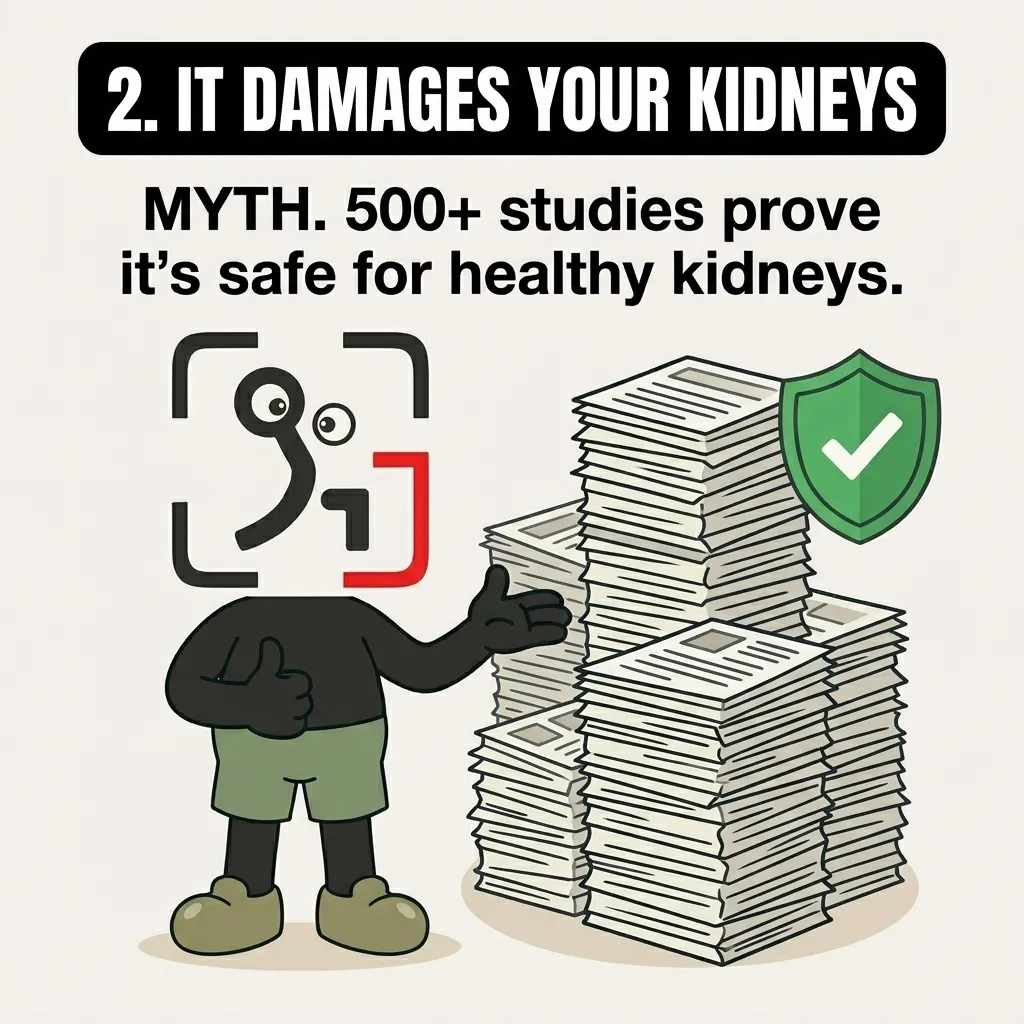 The GainFrame mascot stands next to a large stack of papers with a green shield and checkmark, demonstrating that numerous scientific studies prove creatine is safe for healthy kidneys.