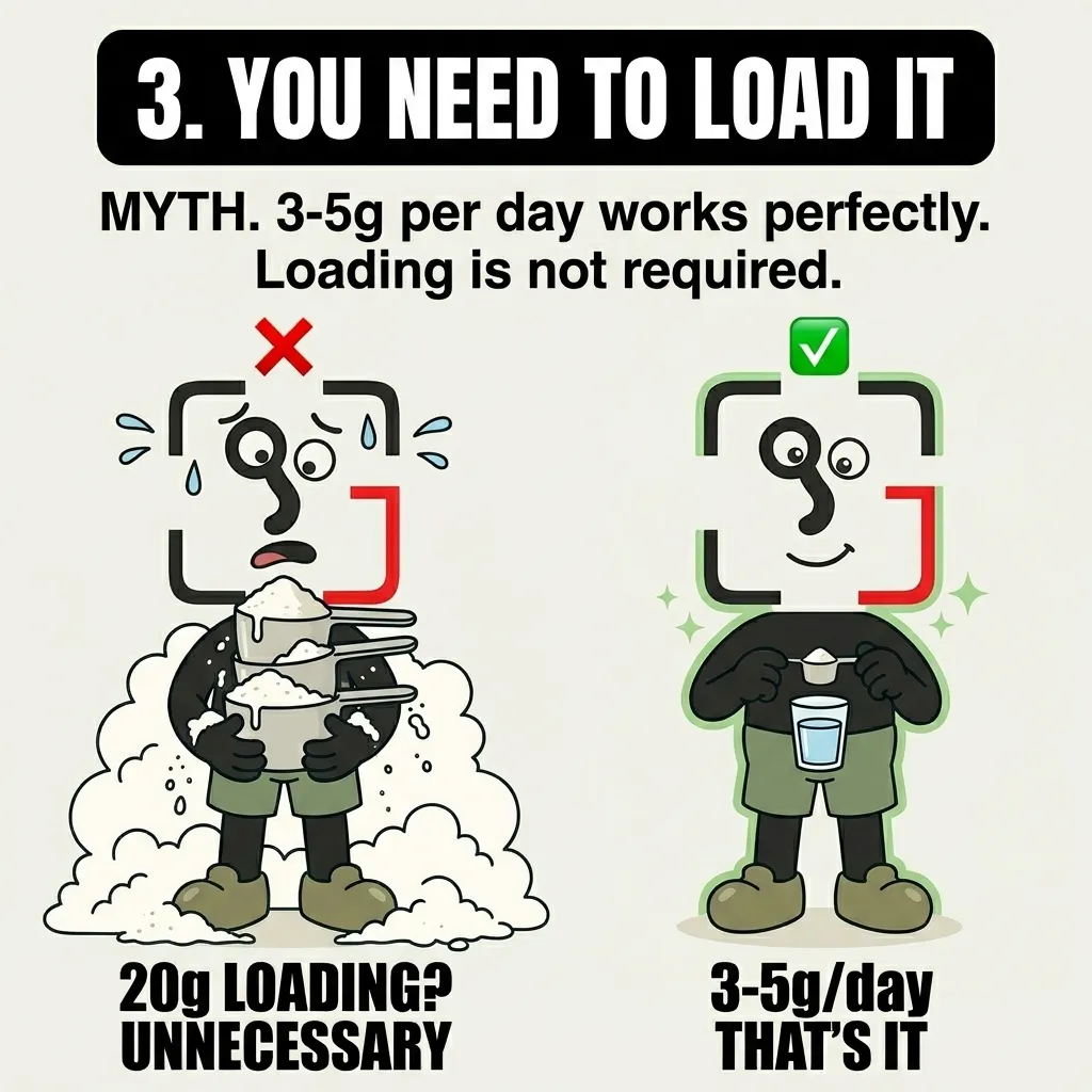 The GainFrame mascot is shown on the left struggling with multiple overflowing scoops of powder under a red cross, and on the right calmly holding a single small scoop next to a glass of water under a green checkmark, showing that a daily dose of 3 to 5 grams is sufficient without a loading phase.
