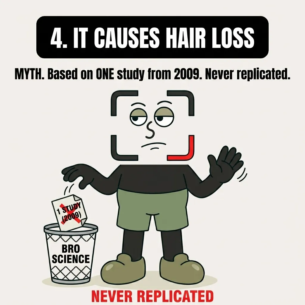 The GainFrame mascot tosses a paper labeled "1 study (2009)" into a trash can marked "bro science," highlighting that the myth connecting creatine to hair loss is based on a single, unreplicated study.