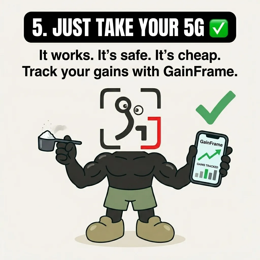 A muscular GainFrame mascot holds a scoop of creatine in one hand and a smartphone displaying the GainFrame app with an upward-trending chart in the other, emphasizing that creatine is a safe, affordable, and effective supplement.