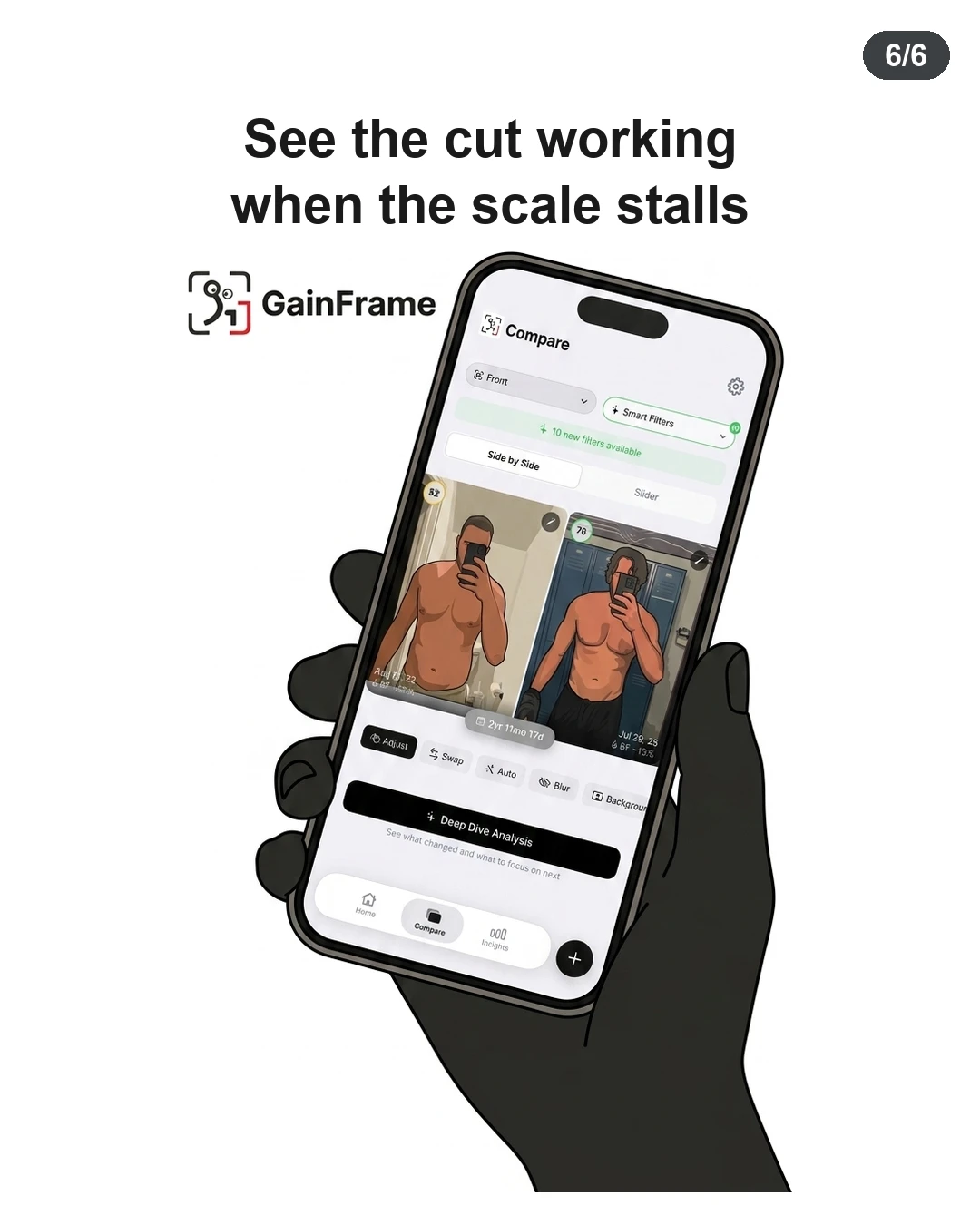 A hand holds a smartphone displaying side-by-side visual progress photos in the GainFrame app.