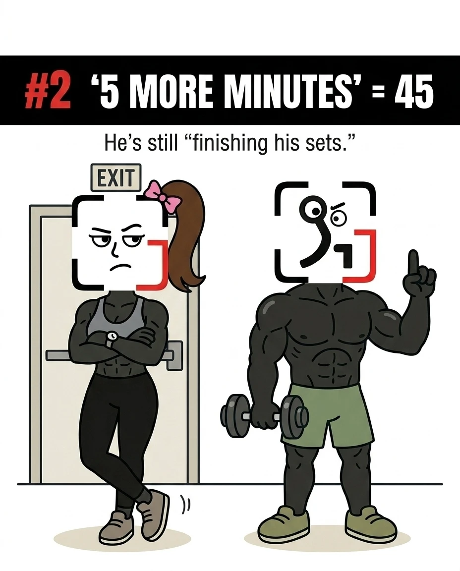The GainFrame mascot's girlfriend stands impatiently by the gym exit while the mascot continues lifting a dumbbell, illustrating how workouts always take longer than promised.
