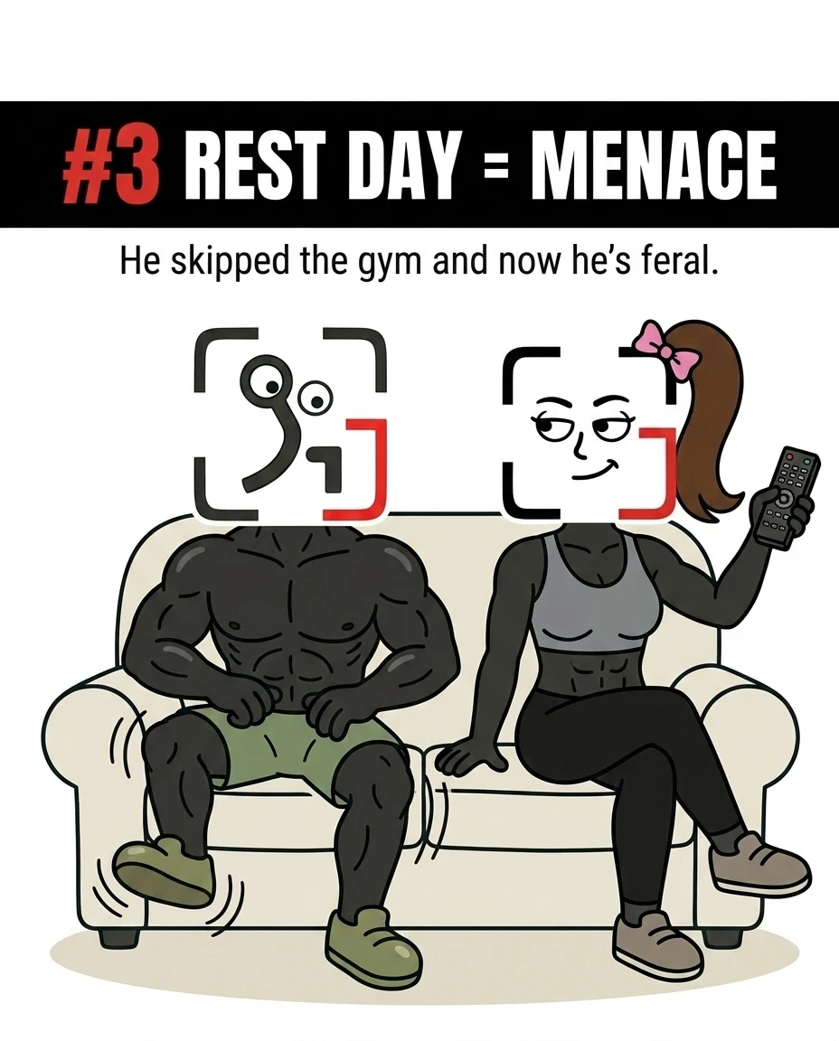 The GainFrame mascot fidgets restlessly on the couch next to his girlfriend, showing how lifters get anxious and hyperactive on rest days.