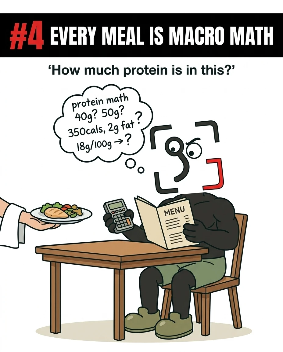The GainFrame mascot sits at a restaurant table holding a menu and a calculator while overanalyzing the nutritional content of a served meal, highlighting the obsession with tracking macros.