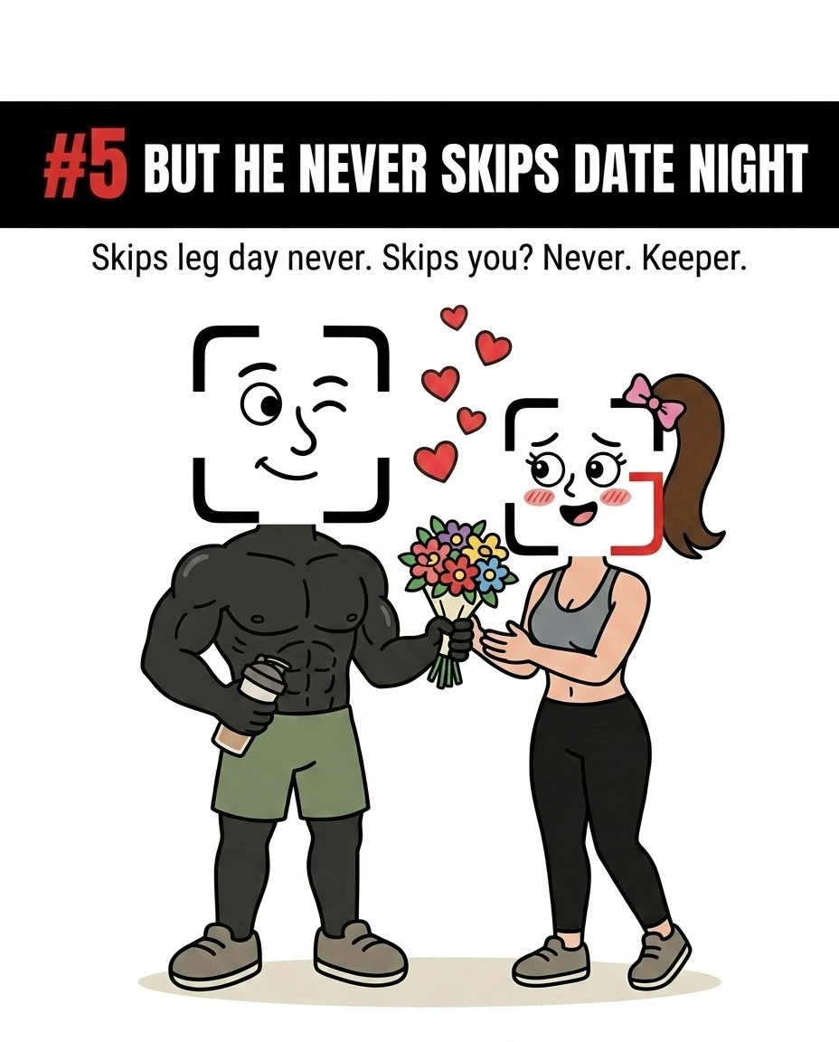 The GainFrame mascot winks and presents a bouquet of flowers to his blushing girlfriend, emphasizing that despite his gym habits, he always prioritizes quality time with his partner.