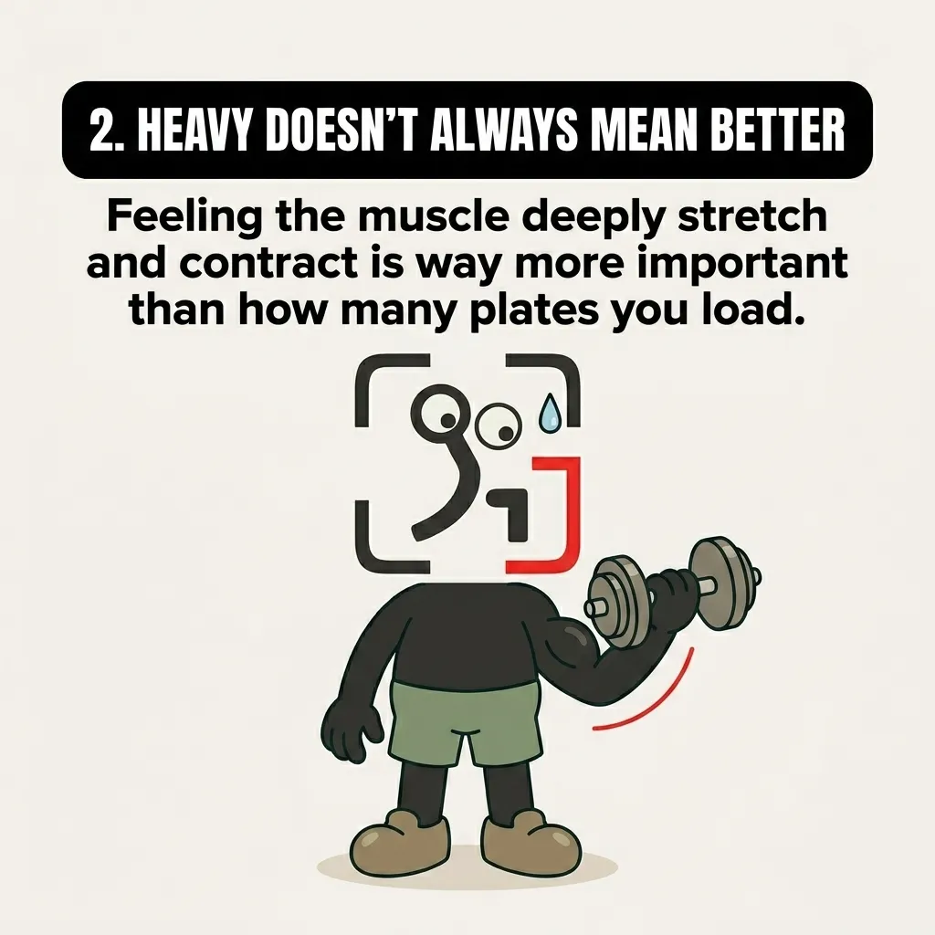 The GainFrame mascot performs a bicep curl with a dumbbell, demonstrating that proper form and muscle contraction are more important than lifting heavy weights.