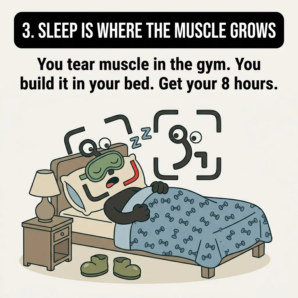 The GainFrame mascot sleeps peacefully in bed wearing an eye mask under a dumbbell-patterned blanket, highlighting that muscle growth happens during rest.