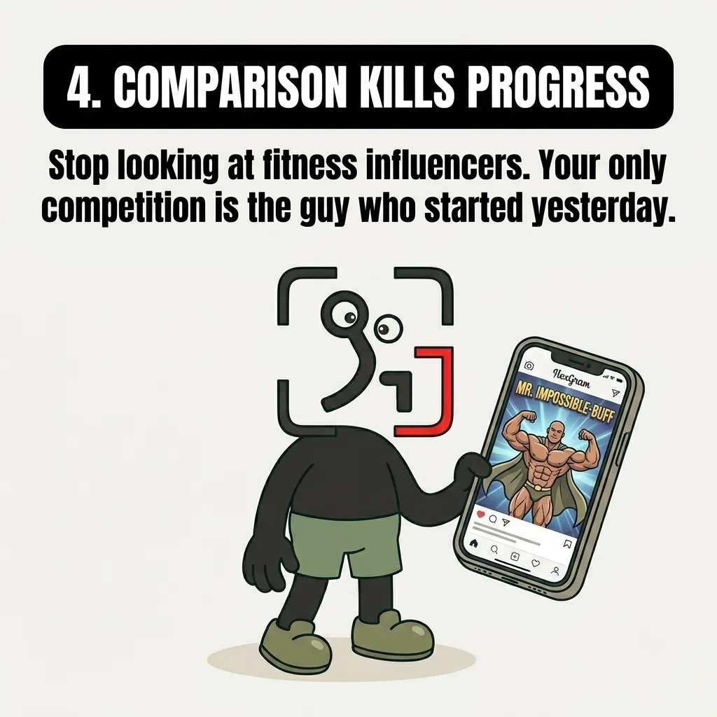 The GainFrame mascot holds up a smartphone displaying a muscular fitness influencer on a social media app called NexGram, warning against comparing oneself to others.