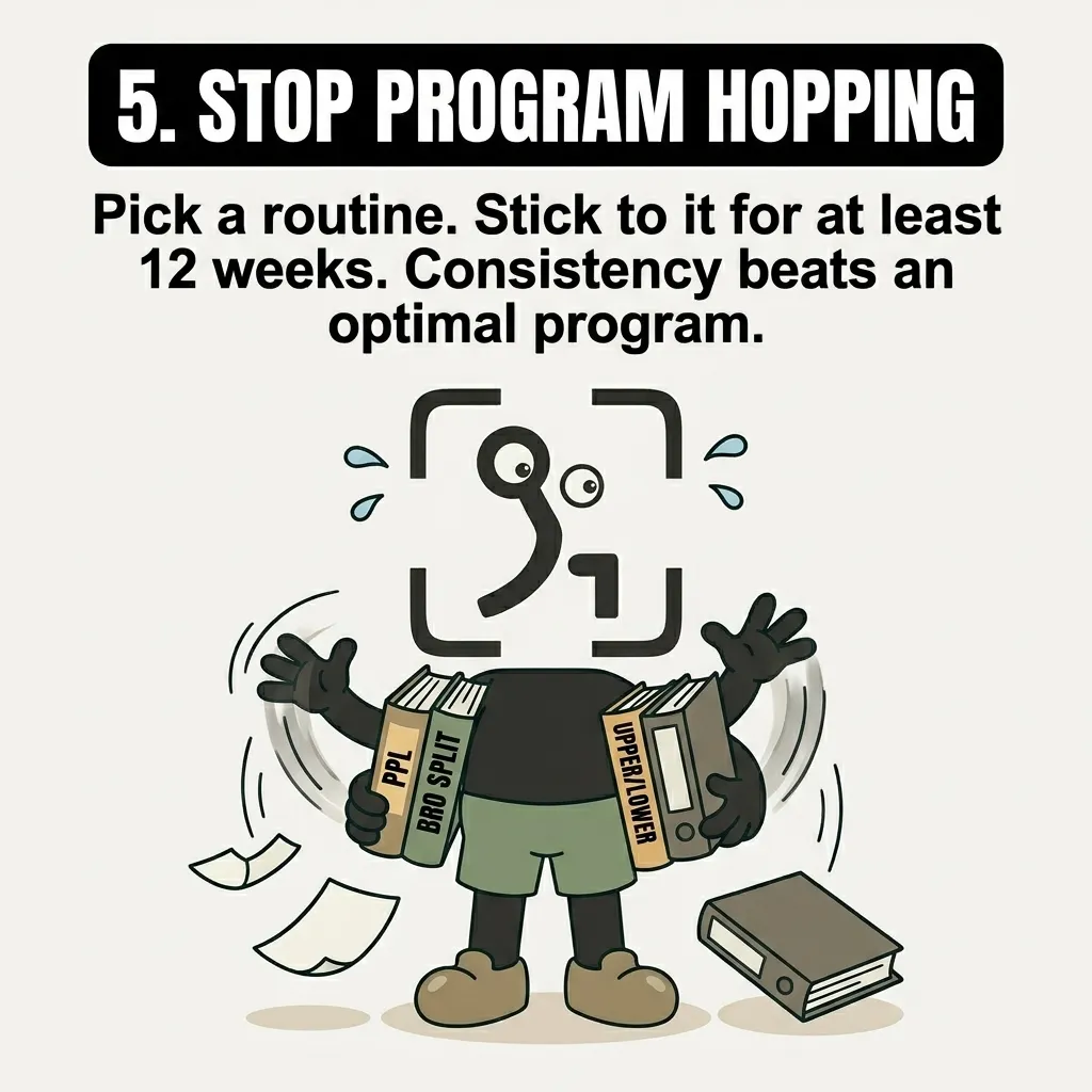 The GainFrame mascot looks overwhelmed while juggling multiple workout program binders like PPL, Bro Split, and Upper/Lower, emphasizing the need to stick to one routine.