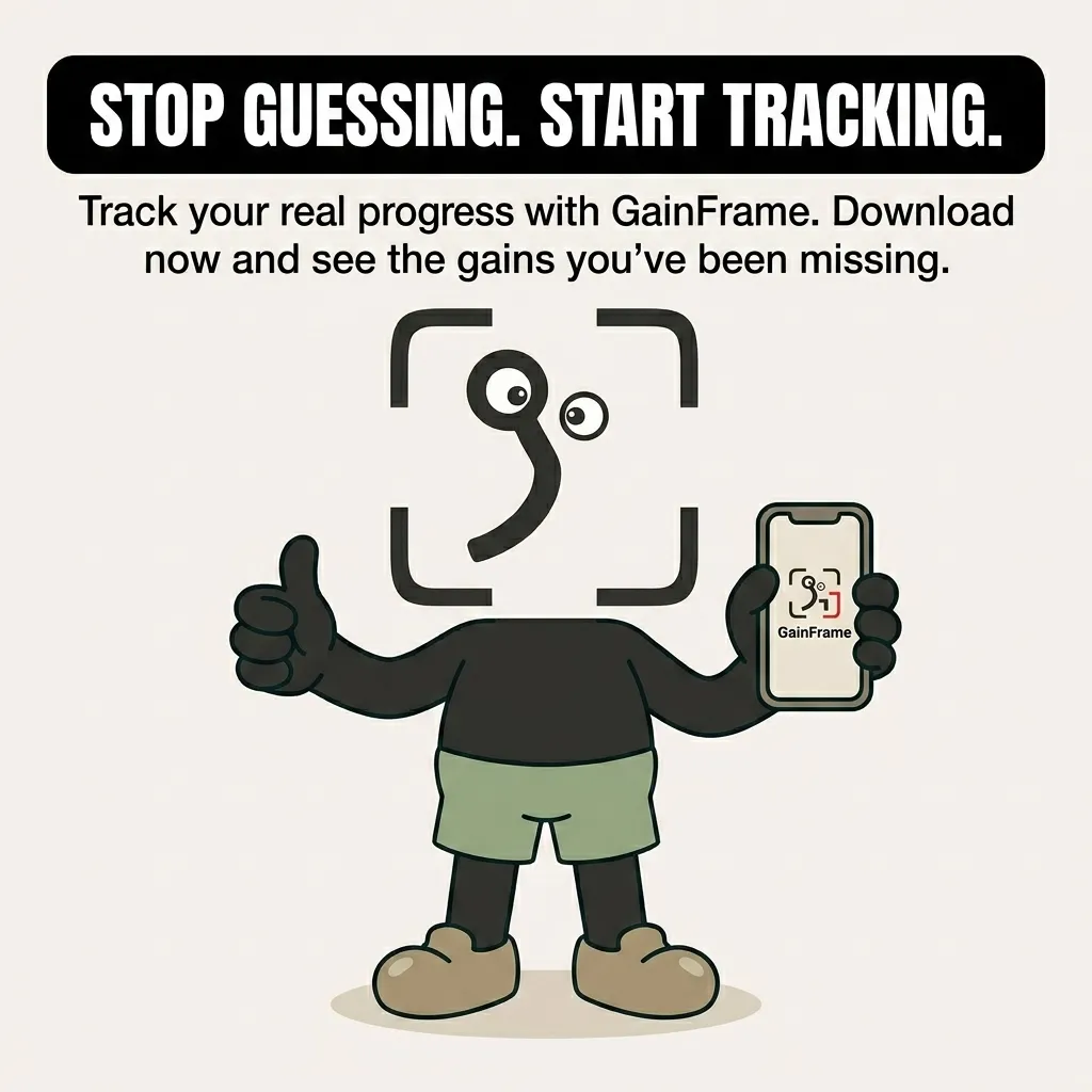 The GainFrame mascot gives a thumbs up while holding a smartphone displaying the GainFrame app, encouraging users to track their fitness progress.