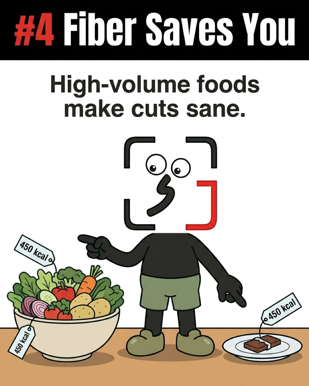 The GainFrame mascot compares a massive bowl of high-fiber vegetables to a tiny chocolate bar, both containing 450 calories, to show how high-volume foods make dieting easier.