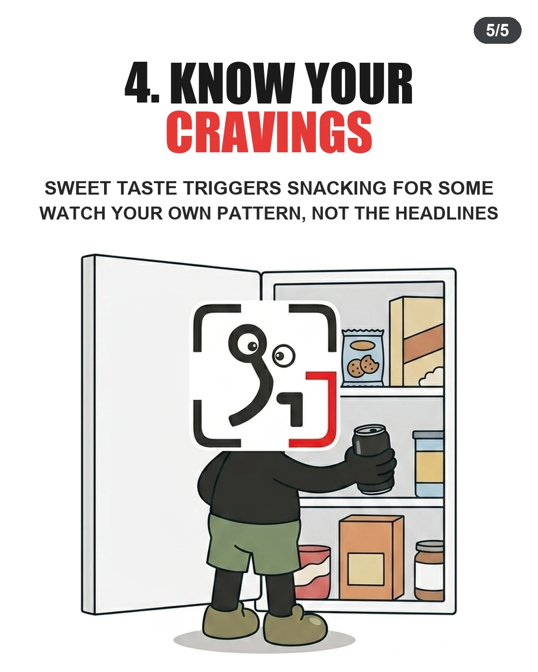 The GainFrame mascot reaches into a refrigerator to highlight how sweet tastes can trigger snacking cravings for some individuals.