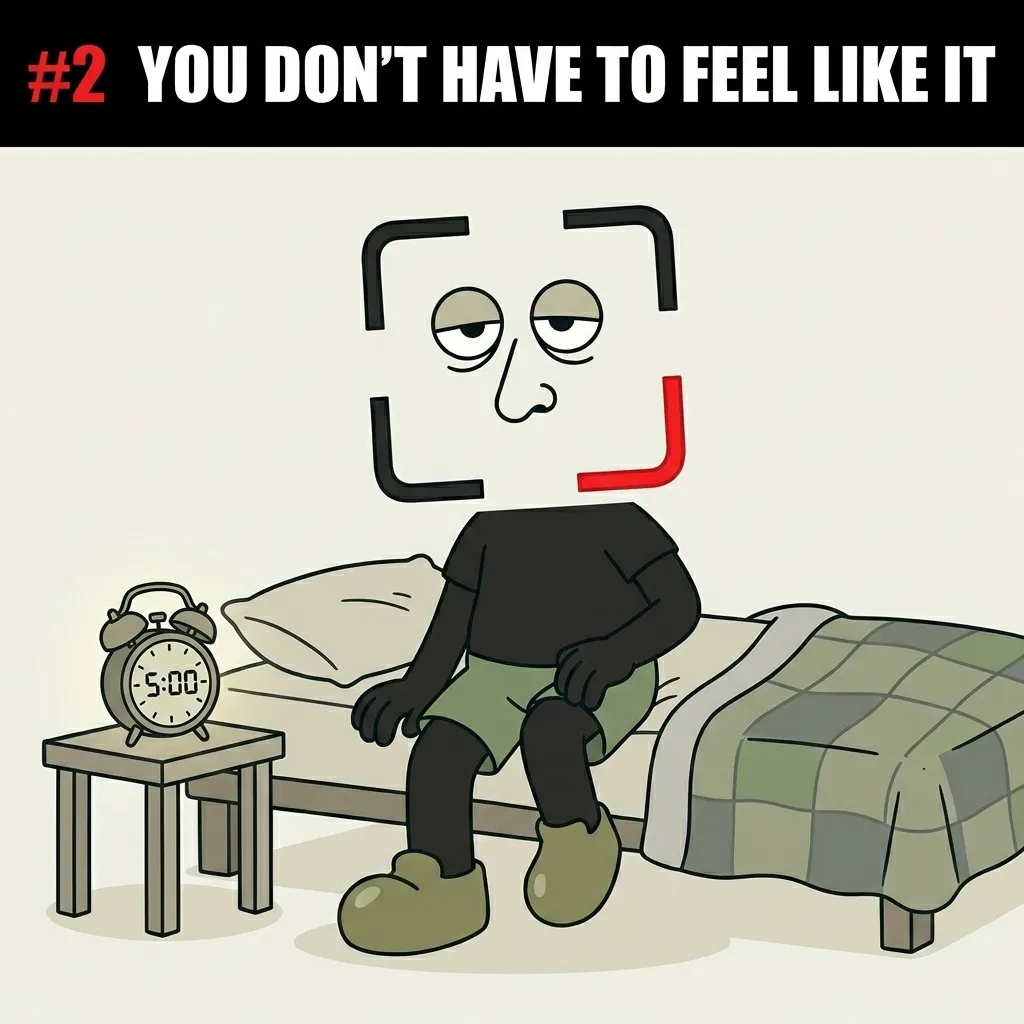 The GainFrame mascot sits on the edge of a bed looking exhausted as an alarm clock rings at 5:00 AM, showing that discipline means taking action even when you do not feel like it.