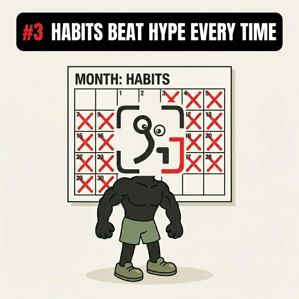 The muscular GainFrame mascot stands in front of a calendar filled with red marks, demonstrating how consistent daily habits build long-term success.