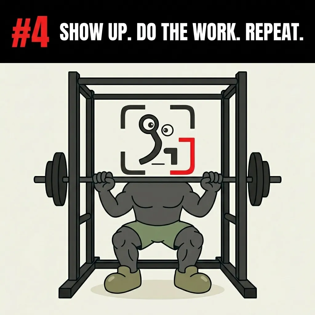 The GainFrame mascot performs a heavy squat inside a power rack, emphasizing the importance of showing up and doing the work consistently.