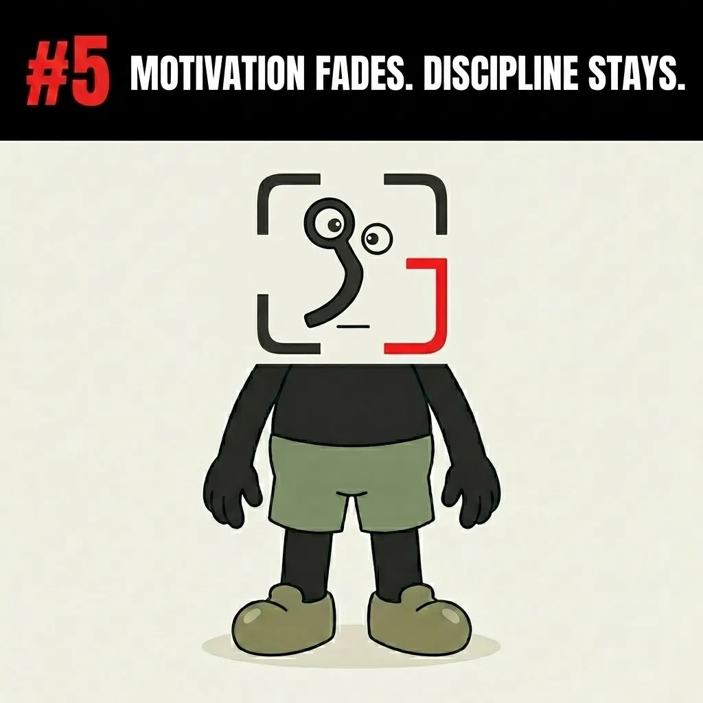 The GainFrame mascot stands with a neutral, determined expression, representing how discipline remains steady even after initial motivation fades.