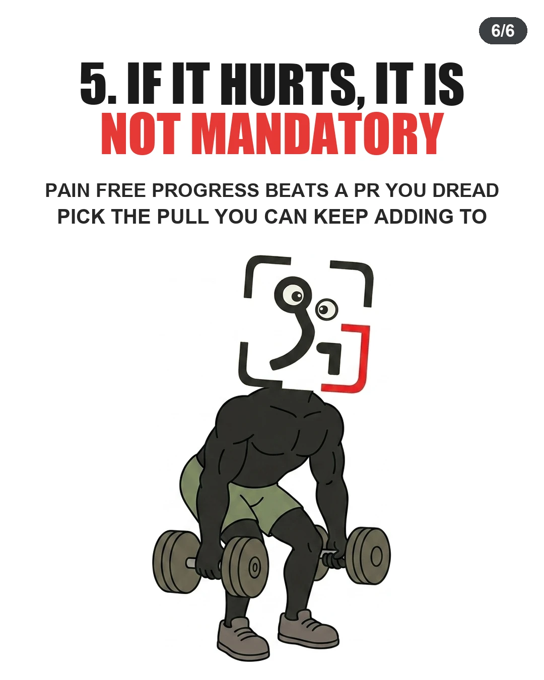 The GainFrame mascot performs dumbbell RDLs to illustrate that choosing pain-free pulling variations ensures consistent long-term progress.
