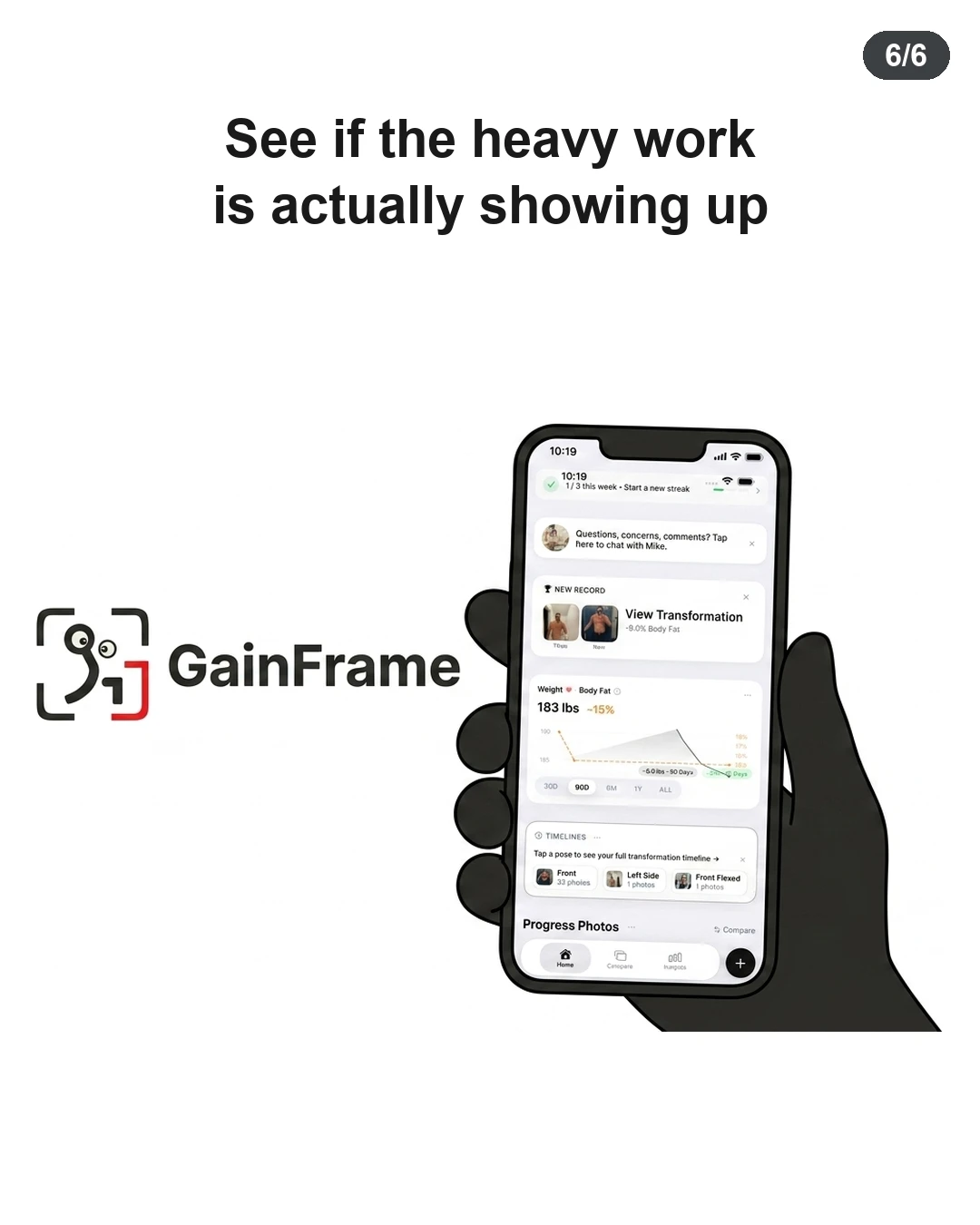 A hand holds a smartphone displaying workout metrics inside the GainFrame application next to the brand logo.