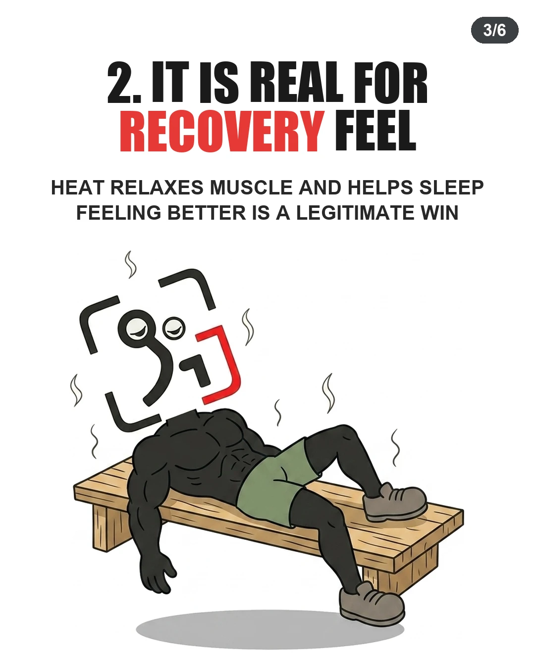 The GainFrame mascot lies peacefully on a sauna bench with steam rising, illustrating how heat relaxes muscles and improves recovery.