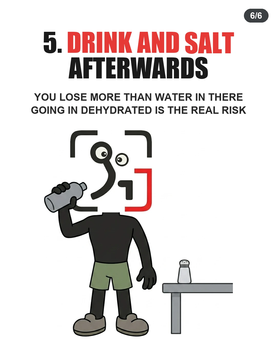 The GainFrame mascot drinks from a water bottle near a salt shaker, emphasizing the need to replenish water and electrolytes after a sauna session.