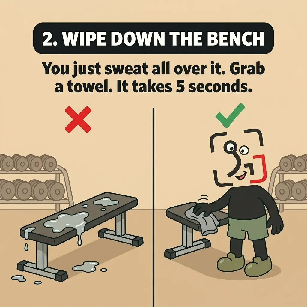 A split screen shows a sweaty workout bench marked with a red X, contrasted with the GainFrame mascot wiping down a clean bench with a towel marked with a green checkmark.