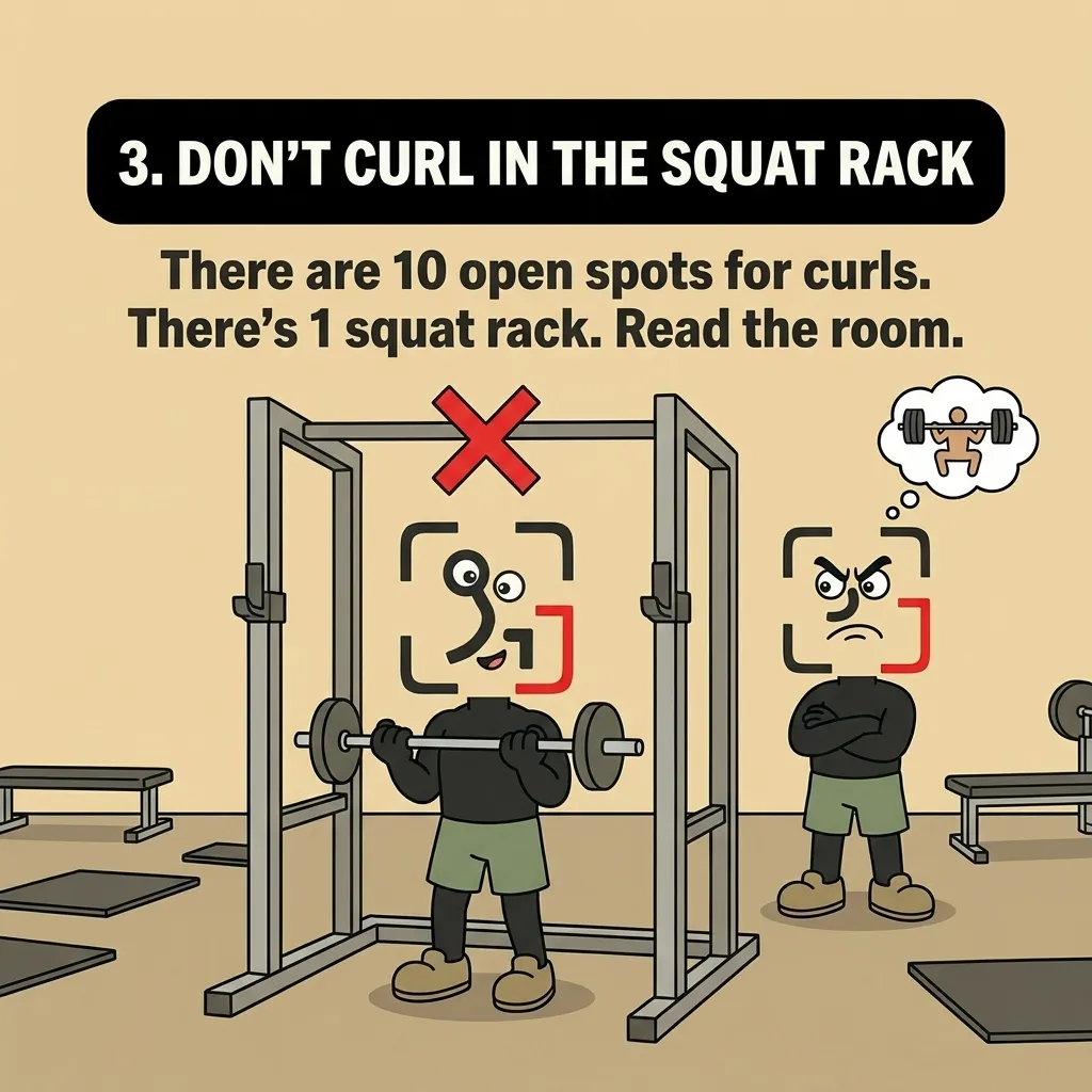 The GainFrame mascot curls a barbell inside a squat rack marked with a red X, while another annoyed mascot stands nearby waiting to use the rack for squats.