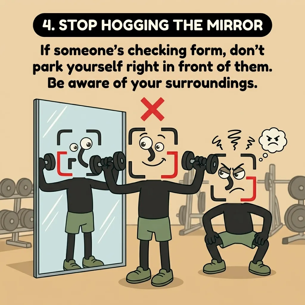 The GainFrame mascot lifts dumbbells directly in front of a mirror marked with a red X, blocking the view of another mascot trying to check their squat form.
