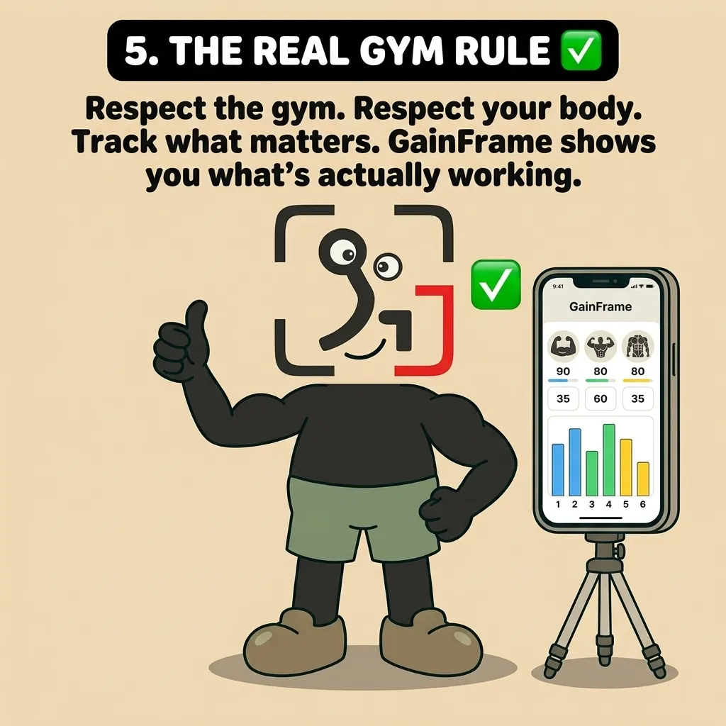 The GainFrame mascot gives a thumbs-up next to a smartphone on a tripod displaying the GainFrame app's fitness tracking charts, emphasizing the importance of respecting the gym and tracking progress.