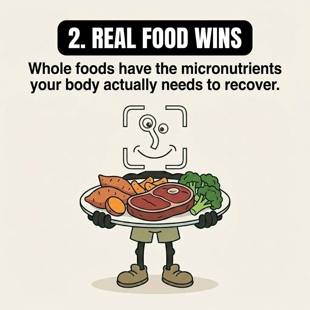 The GainFrame mascot smiles while holding a large plate filled with steak, sweet potatoes, and broccoli, highlighting that whole foods provide the essential micronutrients needed for recovery.