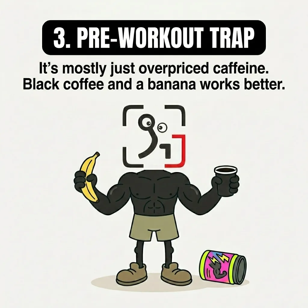 The muscular GainFrame mascot holds a banana and a cup of black coffee while a colorful pre-workout tub lies discarded on the ground, showing that simple whole foods are better than expensive pre-workout supplements.