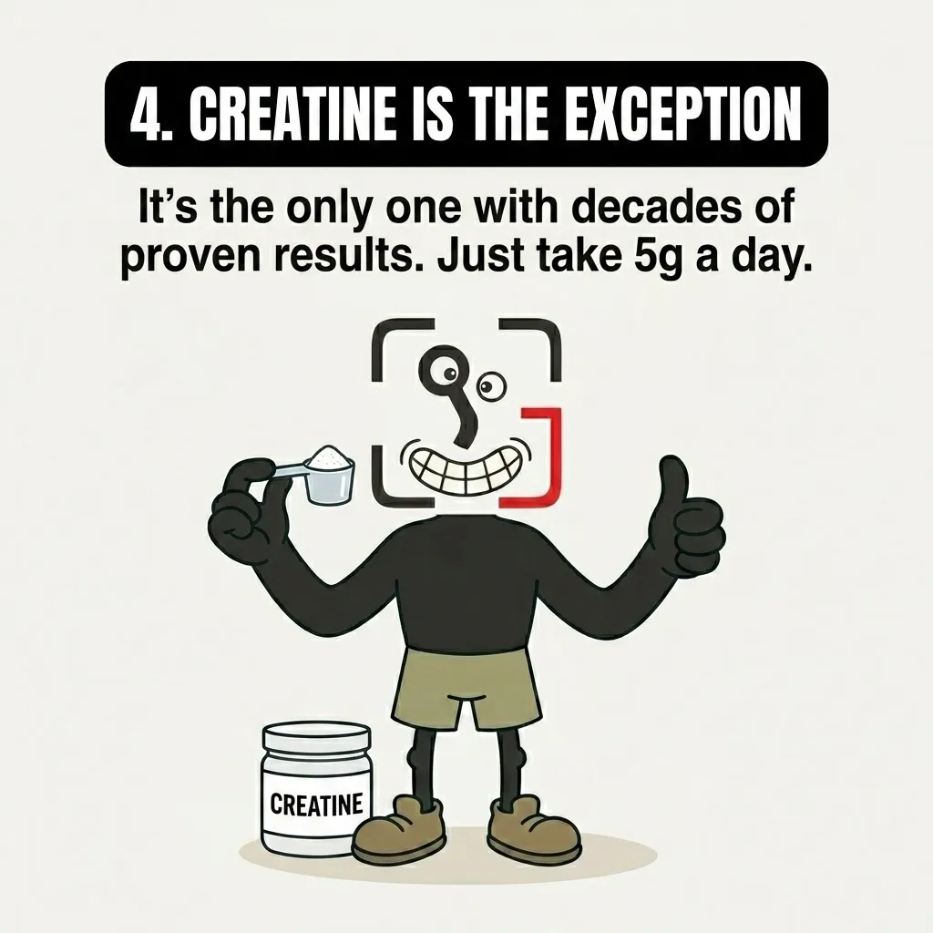 The GainFrame mascot smiles and gives a thumbs-up while holding a scoop of powder next to a jar of creatine, illustrating that creatine is a scientifically proven exception to the rule against supplements.