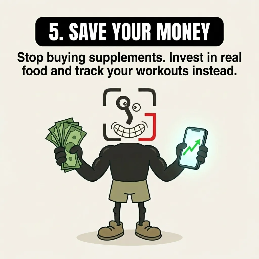 The muscular GainFrame mascot holds a fan of cash in one hand and a smartphone displaying a rising progress chart in the other, encouraging viewers to save money by focusing on real food and tracking workouts.