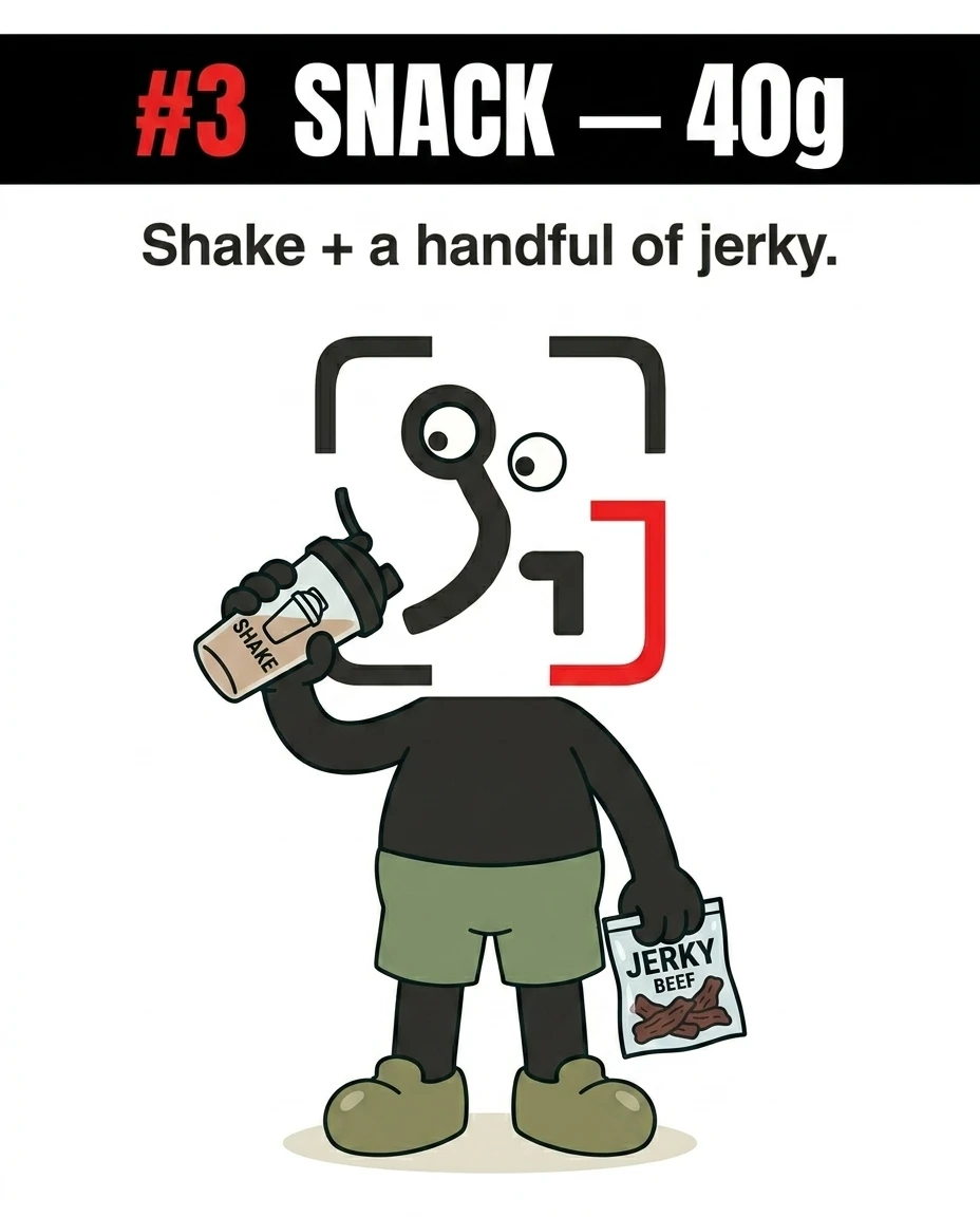 The GainFrame mascot stands while drinking from a protein shake bottle and holding a bag of beef jerky, illustrating a quick snack that adds 40 grams of protein.