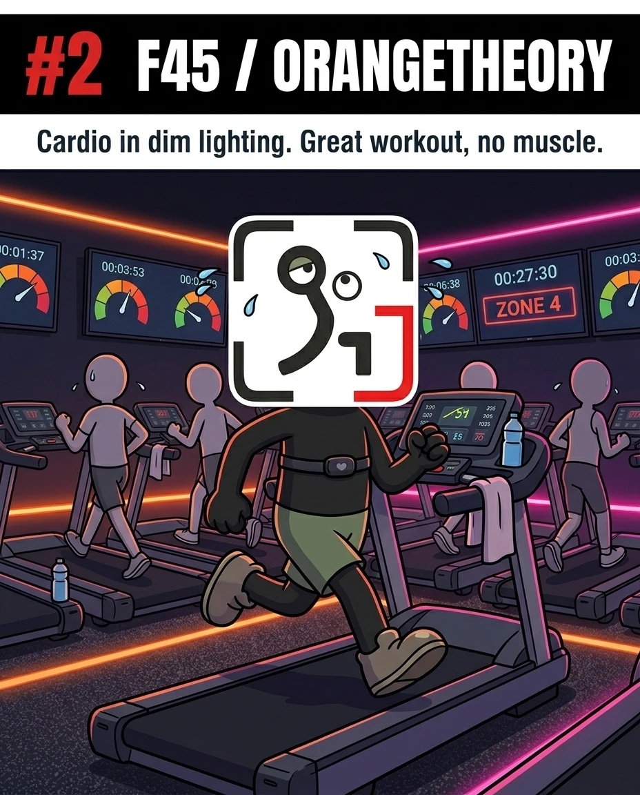 The GainFrame mascot runs on a treadmill in a dimly lit studio, showing that group cardio classes do not build muscle.
