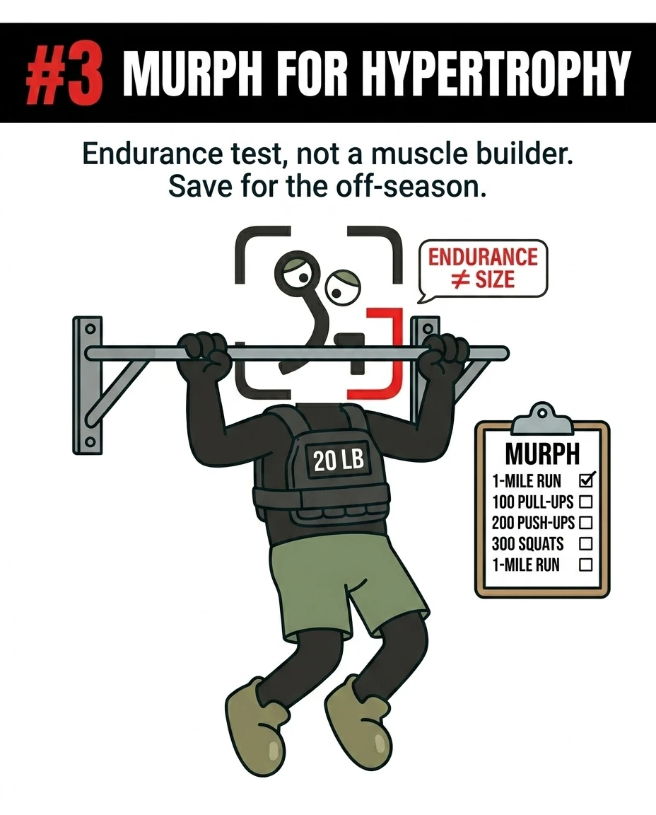 The GainFrame mascot wears a 20-pound weighted vest while doing a pull-up, emphasizing that the Murph workout is an endurance challenge rather than a hypertrophy builder.