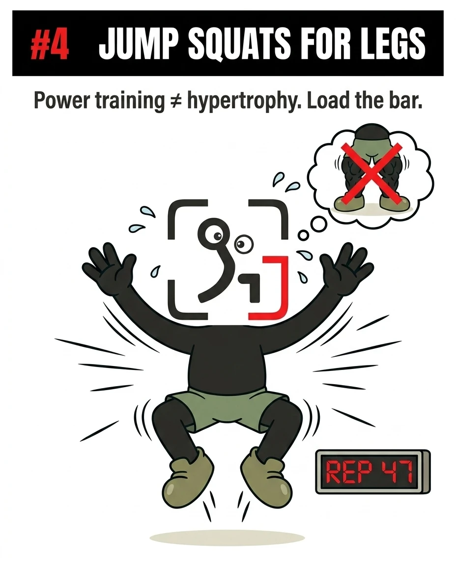 The GainFrame mascot performs high-rep jump squats while dreaming of muscular legs with a red 'X' over them, showing that power training is inefficient for leg hypertrophy.
